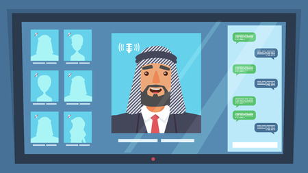 Online Conference Representative Business Company. Flat Vector Illustration Man Arab Nationality Conducts Video Chat with an Affiliate Company. Discussion Work Plan. Factory Production Report. Monitorのイラスト素材