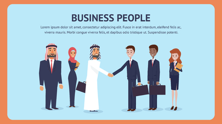 Meeting Business People for Signing an Agreement. Group Man, Woman Business Negotiations. Bearded Arab Man Shaking Hands with Guy in Suit. Signing Lucrative Contract. International Cooperation Companyのイラスト素材