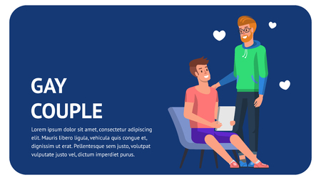 Gay Couple Happy Dating Together. Two Modern and Sexy Boyfriend Lovers Celebration Valentine and Proposal in Leisure. Young Men Partner in Affection Relationship. Flat Landing with Heart.のイラスト素材
