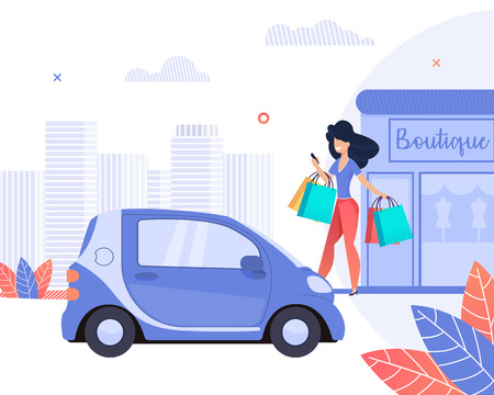 Boutique. Happy Girl goes Shopping from Boutique. Woman goes Car with Packages. Near Branded Clothing Store Parked Car. Beautiful Street Modern Big City. Downtown with Shops and Offices.のイラスト素材
