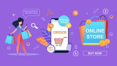 Special Offer. 50 Percent. Order. Online Store. Happy Girl make Shopping easy and Simple. Online Shop Smartphone. Big Savings Shopping Retail. Bonuses and Discounts and Profitable Promotions Store.のイラスト素材