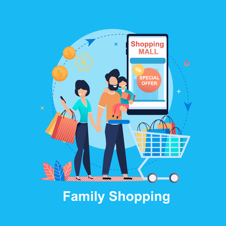 Family Shopping. Special Offer. Shopping Mall. Young Happy People Mall. Family Budget. Saving Money. Entertainment Ñomplex. Man Woman and Child make Purchases Month. Discount Program.のイラスト素材