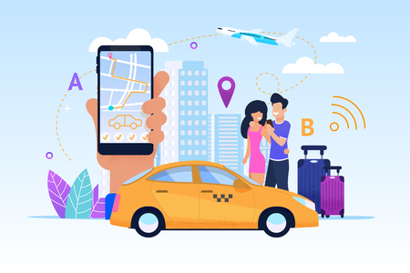 Diverse Modern Fleet maximizes List Services. Vector Illustration. Taxi Bonus Program. Convenient mode Operation makes Possible Order Car any Time Day. Transportation Customer safety and Comfort.のイラスト素材