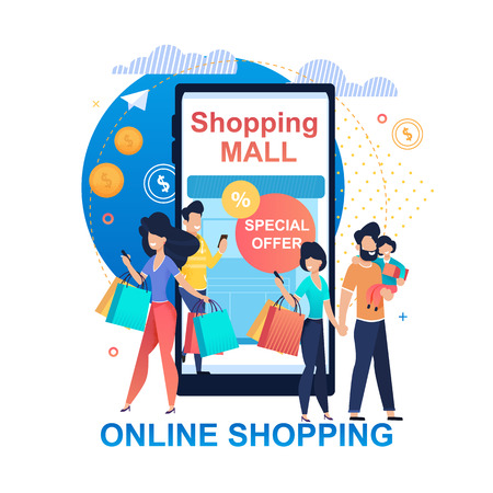 Special Offer. Shopping Mall. Comparing Prices and getting Coupon based Phone WiFi Connection. Shopping Center provide Information Store Promotions Retail. Registration  Loyalty Program.のイラスト素材