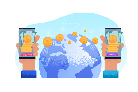 Sending World Remit. Technology Phone Hand. User Application Transfers Money to another Country. User withdraw Cash from their Mobile Account at Agent Points their Country. Finance Information.のイラスト素材