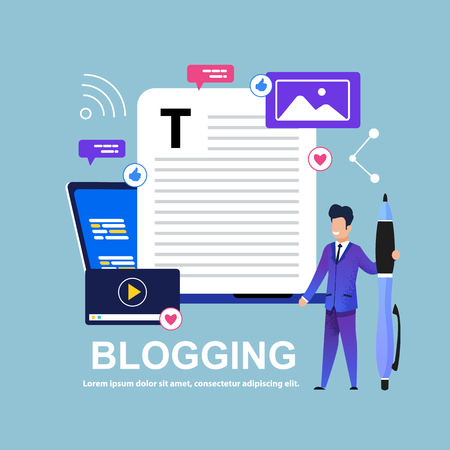 Banner Vector Flat Illustration Blogging. Man Stands with Big Pen. Write Interesting Story. Internet Articles on Various Topics. Internet and Social Networks Like Young People. Short Articles Success.のイラスト素材