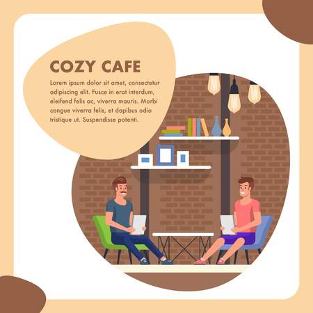 Cozy Cafe Flat Square Banner. People at Business Meeting Order Lunch Menu Page. Morning Visitor Coffe Bakery Shop with Indoor Table and Chair. Industrial Decor Comfortable Restaurant Place.のイラスト素材