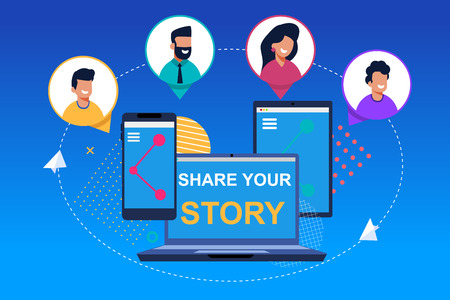 Flat Banner Share Your Store on Blue Background. Vector Illustration. Smiling Men and Women Link their Stores in Social Networks. Group Young Successful People Shares Link Online Store.のイラスト素材
