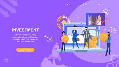 Horizontal Flat Banner Investment. Vector Illustration People in Suit make Contract for Project. Young Guy Holds Coin in Hands. Men Shake Hands on Background Laptop and Money. Graph Red Up Arrowのイラスト素材