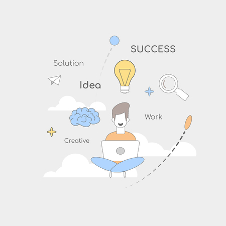 Square Flat Banner Solution Success Work Idea Creative Freelance Work. Young Designer is Ready and Creative Job Start Working on Challenging Tasks. Vector Illustration Background Clouds.のイラスト素材