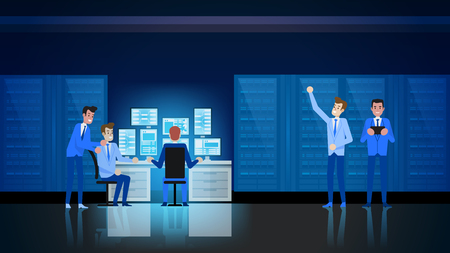 Datacenter Infrastructure. Hardware Engineer Support and Admininstration. Switchboard Workstation Equipment Communication. Software Project Engineer Character. Technician Protection.のイラスト素材