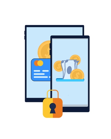 Financial Application Synchronization. Vector Flat Illustration on White Background. In Foreground is Golden Castle. Smartphone on Blue Screen Cash. Tablet on Credit Card Display.のイラスト素材