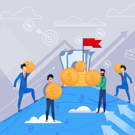 Happy Men in Business Suits Carry Gold Coins in form Dollars and Euros. Vector Flat  Illustration on Lilac Background. On Top Blue Mountain Money Bills Worth Gold Coins and Red Flag.のイラスト素材