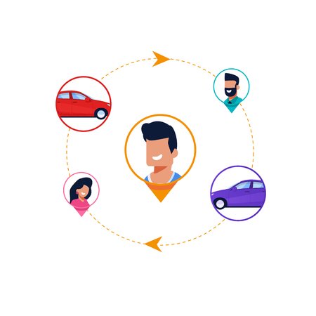 Car Sharing Cycle Infographic. Joint Transport Rental for Journey. Flat Man and Girl Character in Round Tag. Passenger Communication for Travel. Collaboration Reserve, Renting Auto for Ride.のイラスト素材