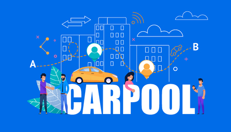 Carpool Modern Banner. Yellow Car with City People. Modern Line Art Cityscape Town Building. Happy Men and Woman Cooperation Together for Automobile Service. Travel Lifestyle. Carpooling Search.のイラスト素材