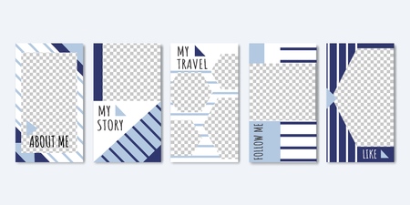 Social Media Trendy Editable Templates for Photos from Travel Set of Banners Vector Illustration. Abot me, Follow me, Like. Design with Blue Lines for Unique Content. Spaces for Images.のイラスト素材