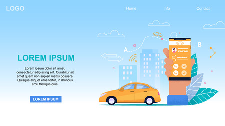 Mobile Taxi Service App. Yelloow Cab Flat Illustration. Hand with Smartphone and Driver Check Route on Screen. Cartoon Sedan Urban Transportation. Memphis Infographic Symbol. Booking Transfer.のイラスト素材