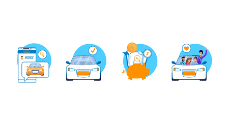 ?ar Service Icon Set. Carshare, Carpool, Taxi Mobile App, Economy Ride Modern Flat Concept. Simple Symbol of Piggy Bank, Cash, Phone Application, People Character. Beneficial Ride.のイラスト素材