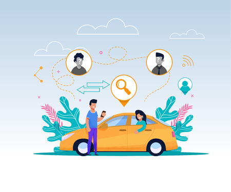 Carpool Service Illustration. Cartoon Guy Character with Mobile Phone Wait for Cab to Ride. Wooman Passenger Sitting on Car. Line Design with Memphis Element. Travel Transport Technology.のイラスト素材