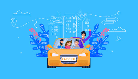 Carpool Service Flat Vector. Car with Young People: Man and Woman Fellow Character in Yellow Car have Fun in Ride. Carsharing Traveling Technology. Vehicle Cooperation for Adventure.のイラスト素材