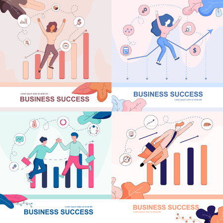 Business Success Banner Set. Happy Businesspeople at Column Growing Financial Chart Background. Men with Briefcases. Superhero Businessman, Joyful Young Women. Linear Cartoon Flat Vector Illustrationのイラスト素材