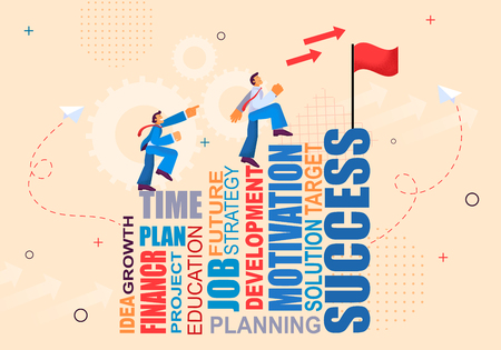 Flat Banner Success Ideas Work Strategy Plans. Vector Illustration on Color Background. Successful Employees Get Promoted and Achieve Goals Thanks to Good Education Planning and Work Skills.のイラスト素材