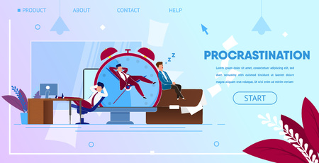 Procrastinating Businessmen Sitting at Workplace with Legs on Office Desk Postponing Work. Procrastinating, Unprofitable Time. Employees Sleeping. Cartoon Flat Vector Illustration. Horizontal Bannerのイラスト素材