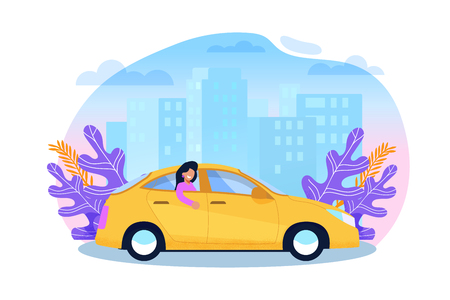 Yellow Cab Service. Woman Tourist in Sedan Cartoon Illustration in Trend Color. Urban Carpool Transportation. Passenger in Back Sit of Taxi. Business Town Building Sityscape. Flat Character Flyer.のイラスト素材