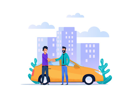 Yellow City Taxi Catching Service. Modern Flat Illustration. Two Man Character Meet and Greeting Hand each other. Urban Cityscape. Carpooling Journey Transportation Flyer. Business Trip Online.のイラスト素材