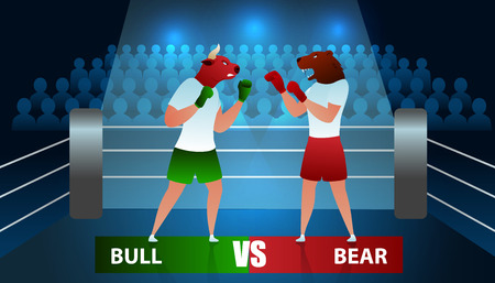 Trade Fighting Character Bear and Bull Boxing Ring. Strategy Trading Finance Diagram. Commerce Bank Planning Buy Investment. Bullish Investment Winner Trend Cartoon Vector Illustrationのイラスト素材
