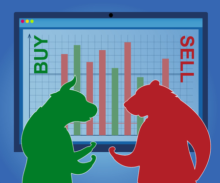 Business Trader Character Bear Sell and Bull Buy. World Stock Market Forex Trading Global Money. People Finance Optimistic Data Growth. Pessimistic Economic Course Cartoon Vector Illustrationのイラスト素材