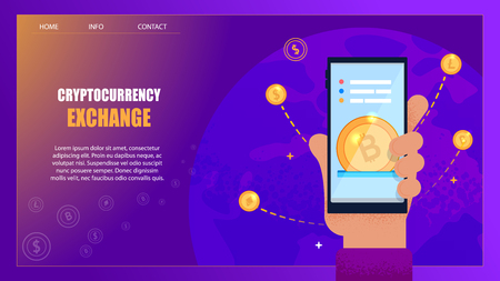 Trading Cryptocurrency Exchange on Real Money. Altcoin Virtual Electronic Smart Contract. Smartphone App for New Digital Cryptography. Landing Page Flat Cartoon Vector Illustrationのイラスト素材