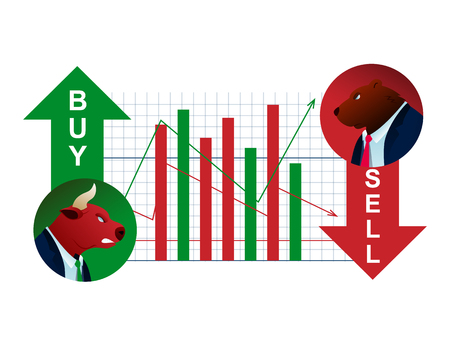 Trader Bull and Red Bear Opposite Sell Graphic. Forex Finance Stock Market. Invest Business Growth Capital. Financial Rate Speculation. Inflation Economic Trend Flat Vector Illustrationのイラスト素材