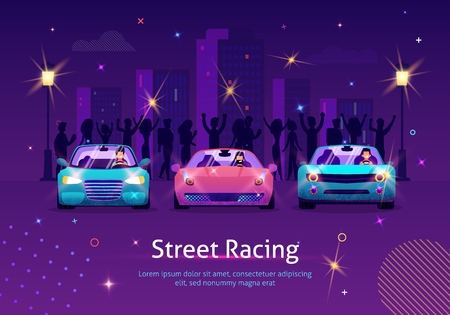 Street Racing Cars Banner Vector Illustration. People Cheering up Drivers. Competition between Sport Vehicles at Night. Racers Waiting for Beginning of Tournament. Group of Men and Women on Backgroundのイラスト素材