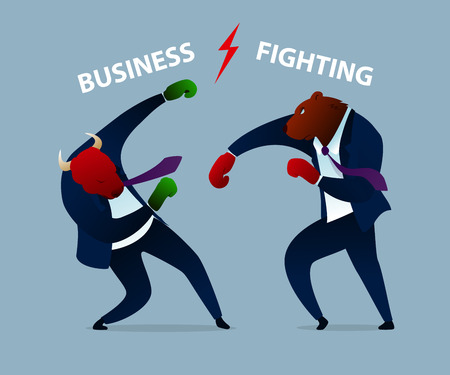 Trader Animal Business Fighting Boxing Gloves. Broker Diagnosis Progress Report. Aggressive Corporate Conflict Manager Punch. Worker Win Sport Office Challenge Flat Vector Illustrationのイラスト素材