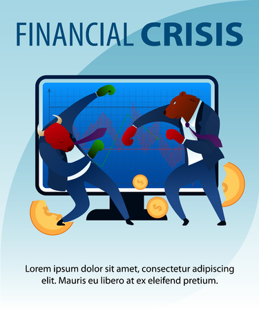 Banner Trader Bear Beats Bull Financial Crisis. People Planning Winner in Stock Market. Finance Diagram Growth. Strategy Commerce Attack Economic Balance Cartoon Vector Illustrationのイラスト素材