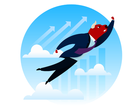Businessman Success Trader Red Bull Flying to Top. Index Trend Forex Trade Innovation. Import Increase Rate Profit. Bank Currency Exchange Money. People Payment Invest Cartoon Vector Illustrationのイラスト素材