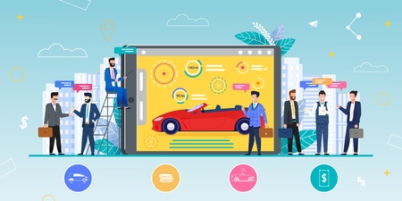 Car Exhibition Metaphor Flat Cartoon Vector. Man Represents New Red Convertible Model on Tablet. Business People, Potential Buyers Talking, Discussing, Receiving Consultation Illustration on Cityscapeのイラスト素材