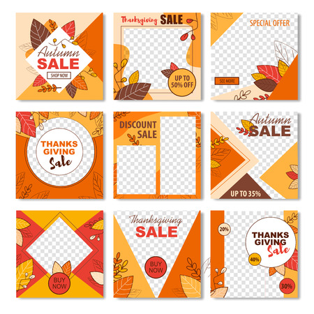 Special Seasonal Sale Set for Thanksgiving Celebration. Autumn Discounts Cards Collection in Flat Holiday Style. Advertisement with Copy Space for Promotional Text and Offers. Vector Illustrationのイラスト素材