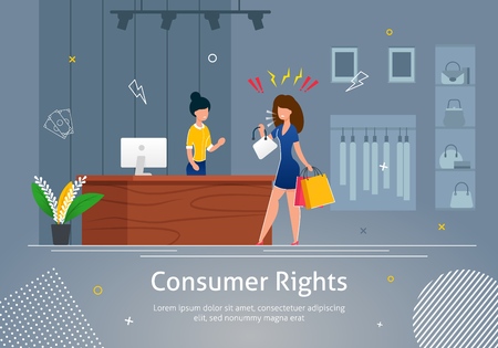 Consumer Rights Banner Vector Illustration. Angry Customer Holding Shopping Bags and Shouting at Shop Assistant at Register. Store Interior with Clothing on Hangers and Bags on Shelves.のイラスト素材