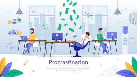 Procrastinating Businessmen Sitting with Legs on Office Desk Postponing Work Banner. Unprofitable Time Vector Illustration. Money Falling down on Man at Workplace. Colleagues Working.のイラスト素材