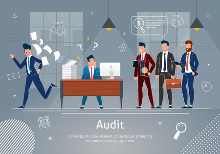 Office Team Banner Vector Illustration. Businessmen Cheking Work of Man. Stressed Man at Workplace with Computer and Documents Flying away. Auditor with Magnifying Glass during Examination of Report.のイラスト素材