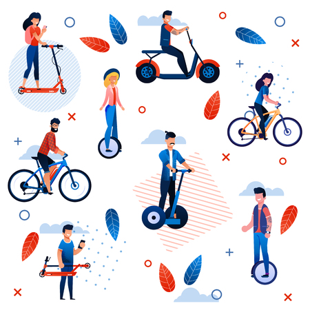 Active Summer Vacation Flat Seamless Pattern. Cartoon People Characters Riding Bicycles, Scooter, Velomobile, One or Two Wheels Sigway. Man Using Phone. Vector Eco Transport Illustrationのイラスト素材