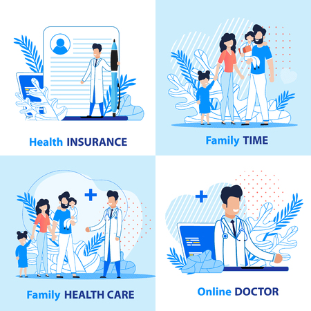 Family Healthcare and Active Time Banners Set. Flat Vector Illustrations with Lettering and Professional Medical Offer. Protective Insurance and Online Doctor Service. Advertisement Templatesのイラスト素材