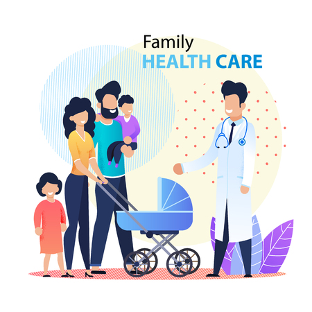 Professional Family Healthcare Promotion Banner. Doctor in White Coat with Stethoscope Greeting Married Couple with Preschool Children and Newborn in Pram. Vector Cartoon Flat Illustrationのイラスト素材
