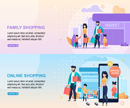 Family Shopping at City Mall and in Online Market Landing Page with Title and Editable Text. Big Sale and Great Discount Offer at Food Store for Parents and Children. Vector Cartoon Flat Illustrationのイラスト素材