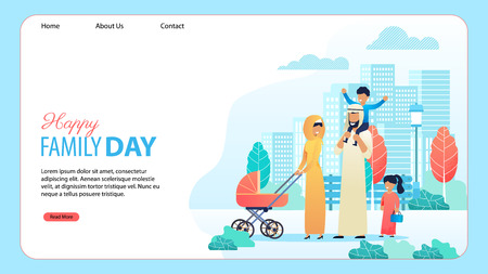 Happy Family Day Cartoon Landing Page Template. Arab Mother, Father and Diverse Preschool Children Walk with Baby Stroller Spending Time in Urban Park. Vector Cityscape with Skyscrapers Illustrationのイラスト素材