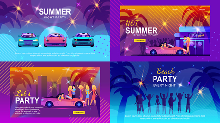 Colorful Flat Banners Set Inviting to Summer Adventure. Vector Illustration People Having Fun in Nightclub, Driving Car, Dancing on Tropical Beach. Open Air Party. Happy Summertime and Vacationのイラスト素材