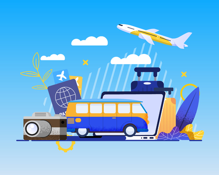 Online Booking Service for Best Summer Vacation Flat Cartoon. Vector Illustration with Airplane, Bus Tickets, Passport, Suitcases, Camera, Laptop on Gradient Backdrop. Template for Travel Agencyのイラスト素材