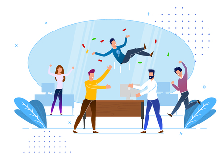 Greetings from Colleagues in Office, Cartoon. Office Situation, Congratulations on an Important Event in Life an Employee. Men and Women Rejoice for Colleague. Vector Illustration.のイラスト素材